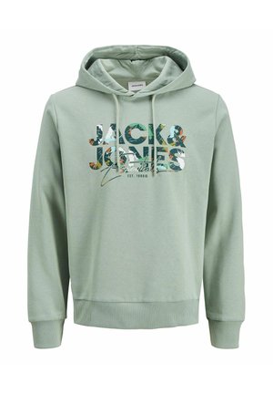 Mintgroene hoodie met trekstrikken, voorzien van een getextureerde grafische print van "JACK & JONES" op de voorkant, ribbels aan de manchetten en onderrand.