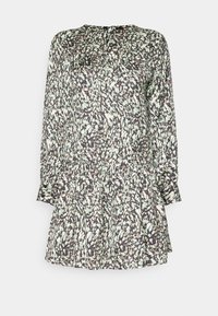 Robe longue aux genoux à manches longues avec un motif abstrait tacheté noir, blanc et vert menthe et une fermeture bouton en forme de serrure au niveau de l'encolure.