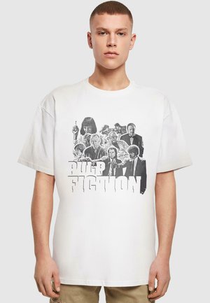 White cotton t-shirt featuring a black graphic print of characters from "Pulp Fiction," with bold text. Short sleeves and relaxed fit.