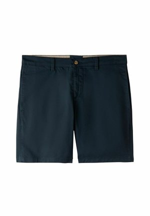 Navy blue shorts made of lightweight fabric, featuring a front button closure, belt loops, and side pockets. Smooth texture with clean edges.
