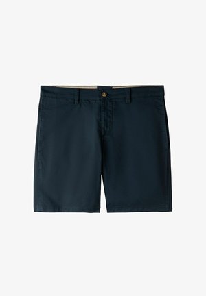Navy blue shorts made of lightweight fabric, featuring a front button closure, belt loops, and side pockets. Smooth texture with clean edges.
