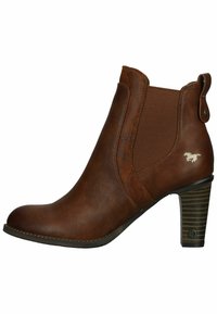 Bottine en cuir marron avec des panneaux élastiques sur les côtés, talon haut, motif floral et une languette à l'arrière. Semelle texturée avec un détail de logo.