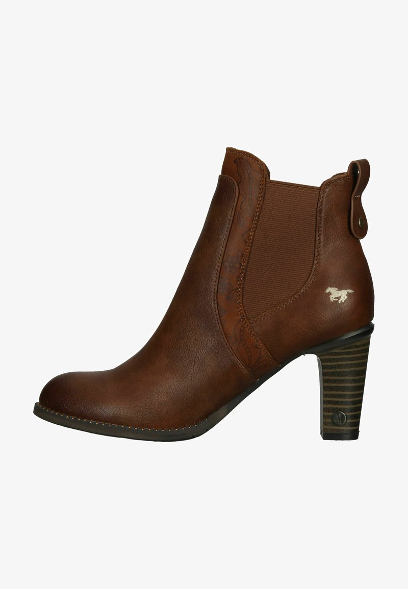 Bottine en cuir marron avec des panneaux élastiques sur les côtés, talon haut, motif floral et une languette à l'arrière. Semelle texturée avec un détail de logo.