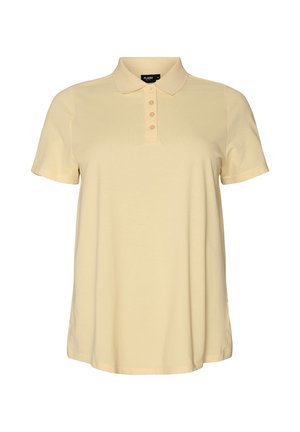 Licht beige polo met korte mouwen, kraag en vier knopen aan de voorkant, afgebeeld op een witte achtergrond.
