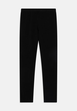 Leggings neri aderenti a vita alta, stesi su uno sfondo chiaro e uniforme.
