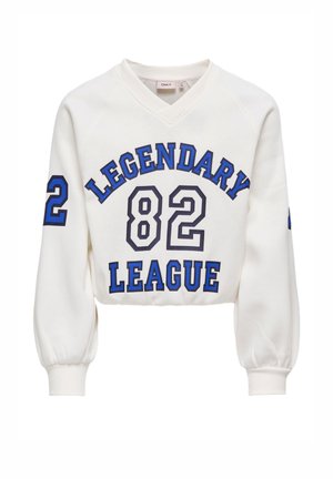 White long-sleeve cropped sweatshirt with blue and black text "Legendary League" and number "82" on front and number "2" on sleeves.