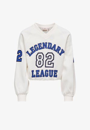 White long-sleeve cropped sweatshirt with blue and black text "Legendary League" and number "82" on front and number "2" on sleeves.