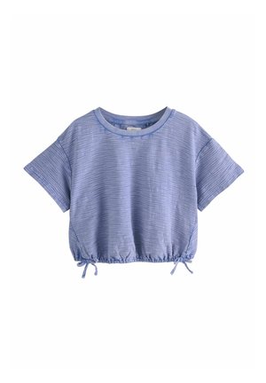 Tricou scurt de culoare bleu deschis, cu mâneci scurte, textură ribbată, tiv cu șnur și guler rotund.