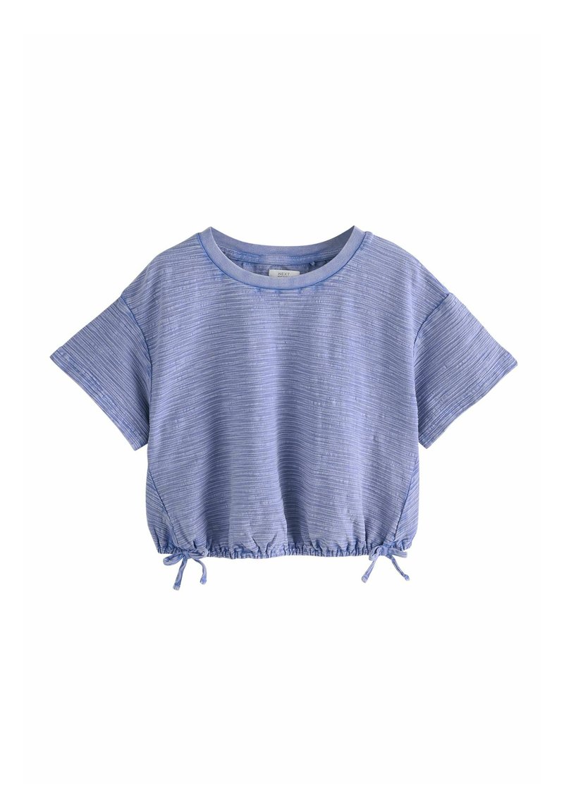 T-shirt cropped bleu clair avec des manches courtes, une texture côtelée, un ourlet à cordon de serrage et un col rond.