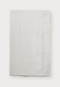 Light gray blanket with a smooth texture, featuring a subtle reflective logo pattern in one corner and fringe edges.