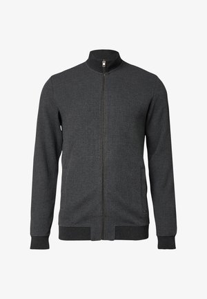 Ciemnoszary sweter rozpinany na zamek z prążkowaną teksturą, długimi rękawami, stójką oraz dopasowanymi mankietami i wykończeniem dołu.