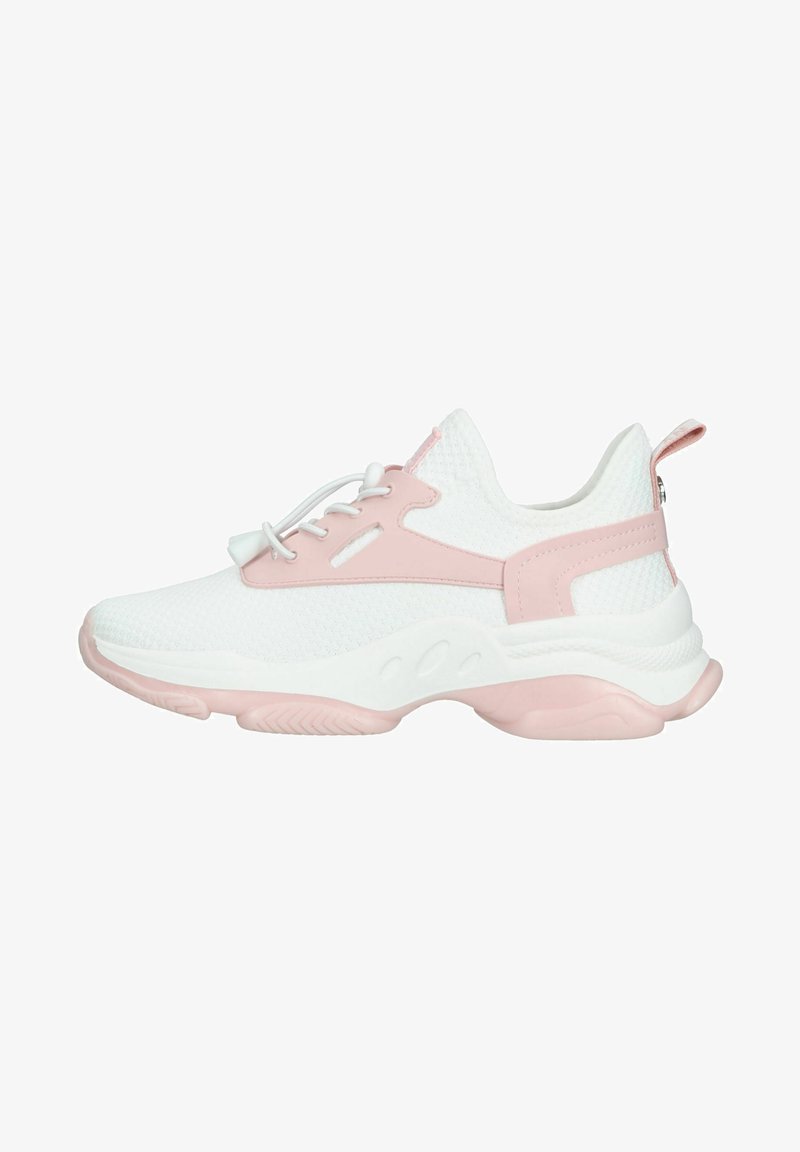 White mesh sneakers featuring a pink synthetic heel tab and accents, with a textured sole and lace-up design for secure fit.