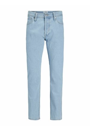 Ljust blå denimjeans med rakt ben, som har knäppning med knapp och fem fickor, med en jämn, något strukturerad yta.