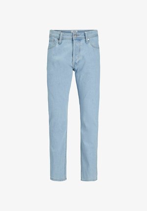 Ljust blå denimjeans med rakt ben, som har knäppning med knapp och fem fickor, med en jämn, något strukturerad yta.