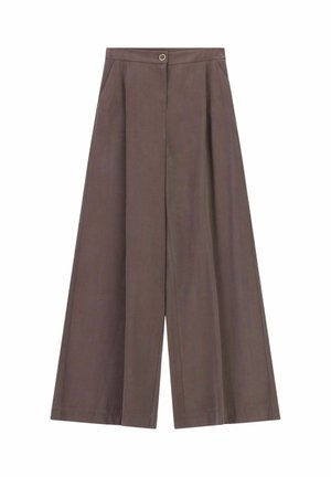 Pantaloni a gamba larga marroni con tasche frontali, passanti per cintura e chiusura con bottone in vita.