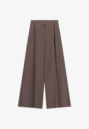 Pantaloni a gamba larga marroni con tasche frontali, passanti per cintura e chiusura con bottone in vita.