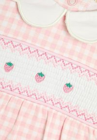 Svetloružová gingham šaty s bielym golierom. Obsahuje vyšívané jahody na bielej smockovanej панели, zdobené ružovým cikcak šitím.