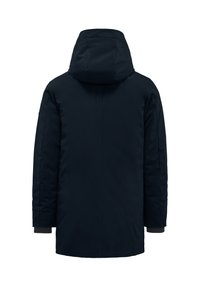 Marine blauwe pufferjack met een capuchon, lange mouwen, elastische manchetten en een rechte snit. Gladde, matte afwerking met een verborgen ritssluiting.