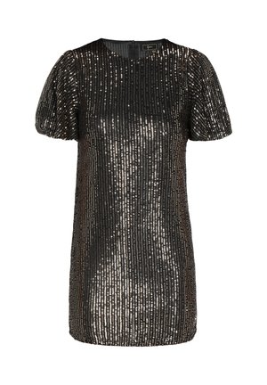 Fekete flitteres ruha rövid puff ujjakkal és kerek nyakkal. Függőleges flittercsíkokkal és hátsó cipzárral rendelkezik.