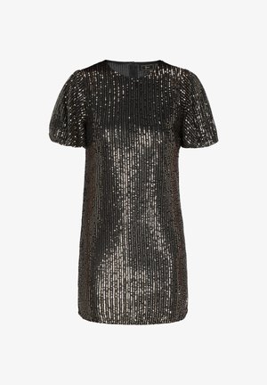 Fekete flitteres ruha rövid puff ujjakkal és kerek nyakkal. Függőleges flittercsíkokkal és hátsó cipzárral rendelkezik.