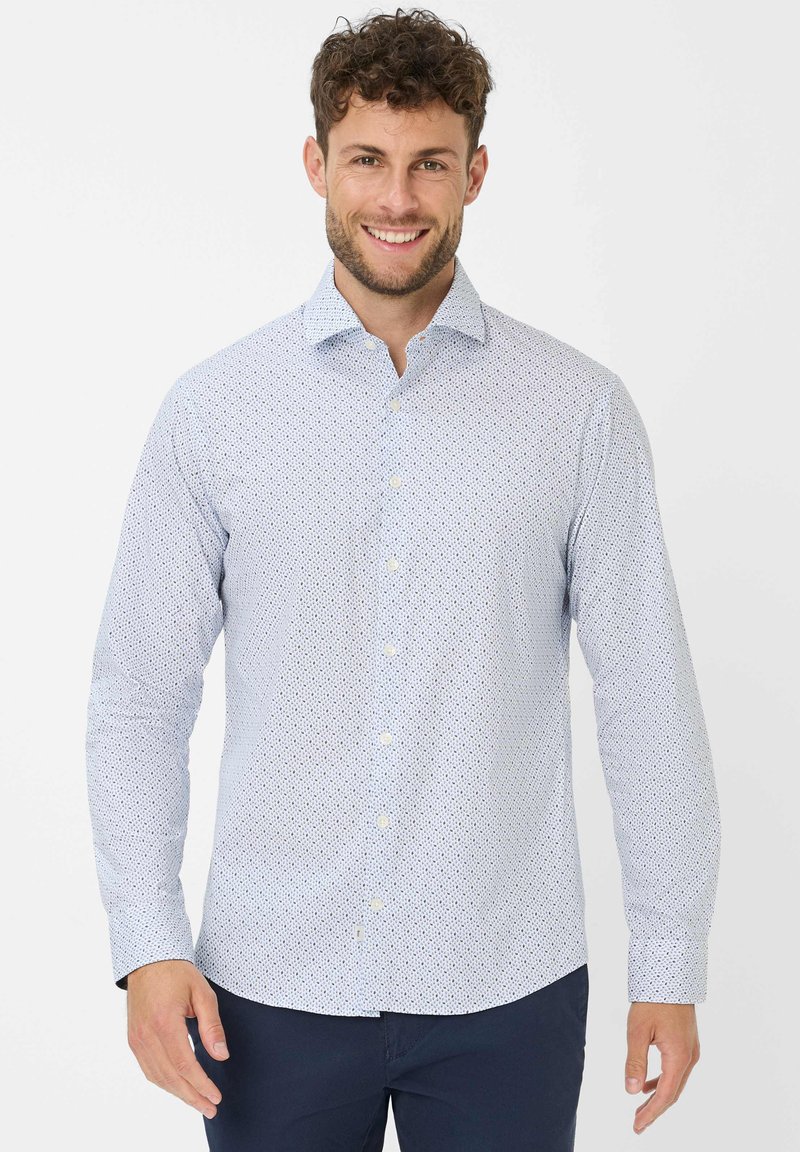 Witte en lichtblauwe geblokte shirt met een spread collar, lange mouwen, knoopsluiting en kleine blauwe stippen door de stof.