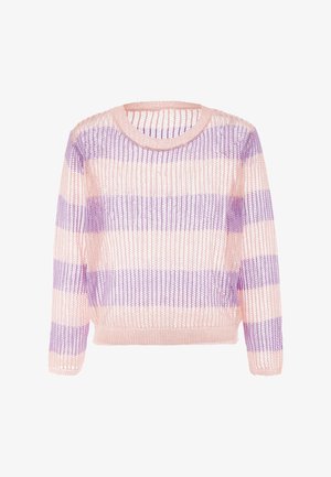 Transparante gebreide trui met lange mouwen. Bevat afwisselende strepen van pastelroze en lavendel. Ronde halslijn en een losse pasvorm.