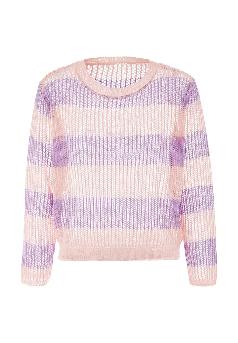 Maglione di maglia trasparente con maniche lunghe. Presenta strisce alternate di rosa pastello e lavanda. Collo rotondo e vestibilità ampia.