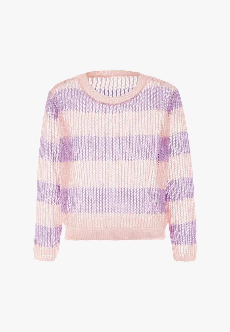 Maglione di maglia trasparente con maniche lunghe. Presenta strisce alternate di rosa pastello e lavanda. Collo rotondo e vestibilità ampia.