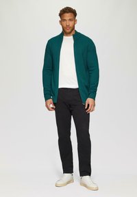 Türkiser Reißverschluss-Pullover über einem weißen Hemd, kombiniert mit schwarzen Hosen und weißen Sneakern. Der Pullover hat einen hohen Kragen und gerippte Bündchen.