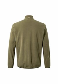 Olivgrüne Fleecejacke mit hohem Kragen, langen Ärmeln und glatter Textur. Verfügt über ein Logo-Akzent in der Nähe des Kragens und ein dezentes Saumdetail.