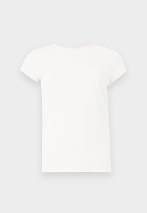 T-shirt branca de manga curta com um decote redondo e uma textura de algodão suave. Design simples, sem padrões ou detalhes.