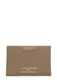 Brown leather wallet with a textured surface, featuring a triangular flap, embossed gold text reading "LANCASTER PARIS made in France."