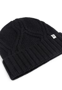 Black knit beanie hat featuring a textured upper section and a ribbed cuff. Material appears soft and warm, with a small logo tag.