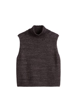 Pull en col montant sans manches gris foncé avec un motif de tricot texturé, doté d'un col haut et d'une silhouette carrée.