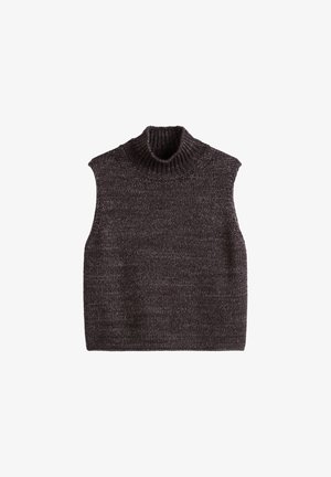 Mouwloze donkergrijze coltrui met een gestructureerd breipatroon, voorzien van een hoge kraag en een boxy silhouet.