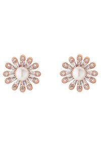 Orecchini in oro rosa a forma di fiori con una perla centrale e dettagli in cristallo. Presentano un design allungato simile a petali con una finitura lucida.