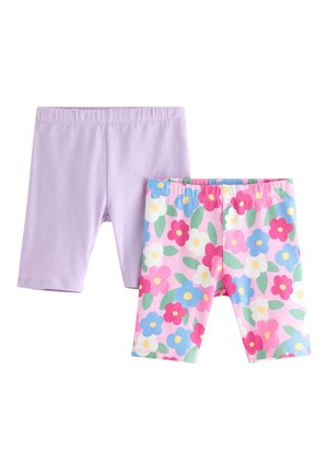 To par børneshorts, et ensfarvet lyse lilla og et med en pink baggrund med farverigt blomsterprint.