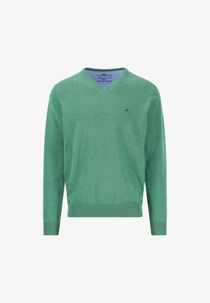 Zaļa V-veida džemperis, izgatavots no adīta kokvilnas, ar garām piedurknēm, ribotām aprocēm un apakšmalu, ar mazu zilu logotipu uz krūtīm.