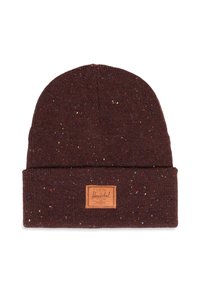 Gorro de punto burdeos hecho de tela texturizada con manchas de colores. Presenta un parche de cuero marrón con la marca "Herschel".