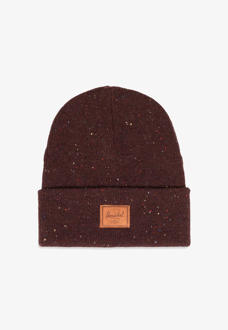 Bordeaux gebreide beanie muts van gestructureerde stof met kleurrijke spikkels. Voorzien van een bruine leren patch met "Herschel" branding.