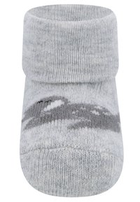 Calza grigia lavorata a maglia con risvolto, caratterizzata da un design animale minimalista in tonalità più scure. Texture morbida, progettata per comfort e calore.