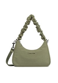 Borsa a spalla verde oliva con tracolla arricciata, tessuto liscio, accessori in argento e silhouette curvilinea; presenta un dettaglio del logo impresso.