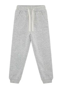 Hellgraue Kinder-Sweatpants mit elastischem Taillenbund, cremefarbenen Kordeln, seitlichen Taschen und gerippten Bündchen.