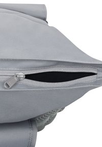 Gray fabric pouch with a textured surface, featuring a zippered opening. The zipper pull is gray, emphasizing functional design.