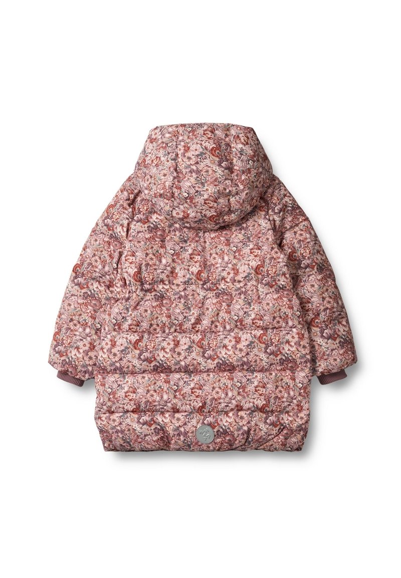 Blumige Puffjacke in verschiedenen Rosa- und Burgundertönen, mit Kapuze, gestepptem Design und gerippten Bündchen. Silbernes Logo im unteren Rückenbereich.