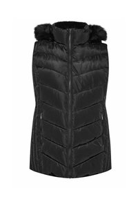 Mustek padded, musta takki, jossa on vetoketju edessä, korkea kaulus ja tekoturkisreunus. Sisältää chevron-ompeleet ja kaksi sivuvetoketjullista taskua.