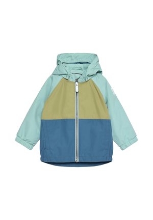 Giacca per bambini a blocchi di colore azzurro, verde e beige. Presenta un cappuccio, chiusura con zip, polsini elastici e una texture liscia.