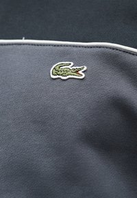 Logo de crocodile vert brodé sur tissu gris avec un bord blanc en haut, ressemblant à un détail de vêtement ou d'habillement.