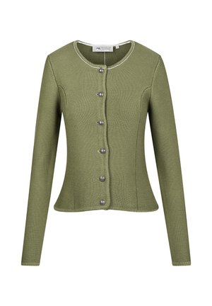 Olive green cardigan, ribbed texture, round neckline, long sleeves, button closure with silver accents, fitted silhouette, machine washable.