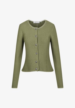 Olivgrüner Cardigan, gerippte Textur, runder Ausschnitt, lange Ärmel, Knopfverschluss mit silbernen Akzenten, figurbetonte Silhouette, maschinenwaschbar.